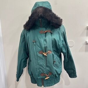 Y2K 90s London Fog Green Thinsulate Bomber Jacket Faux Fur Hood Toggle Womens M